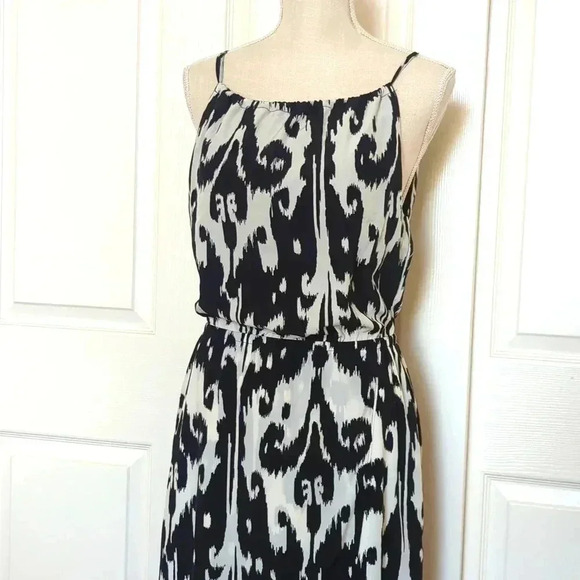 Athleta Black Off White Ikat Bloom Sleeveless Halter Tassel Tie Hi Lo Maxi Dress - Picture 3 of 10